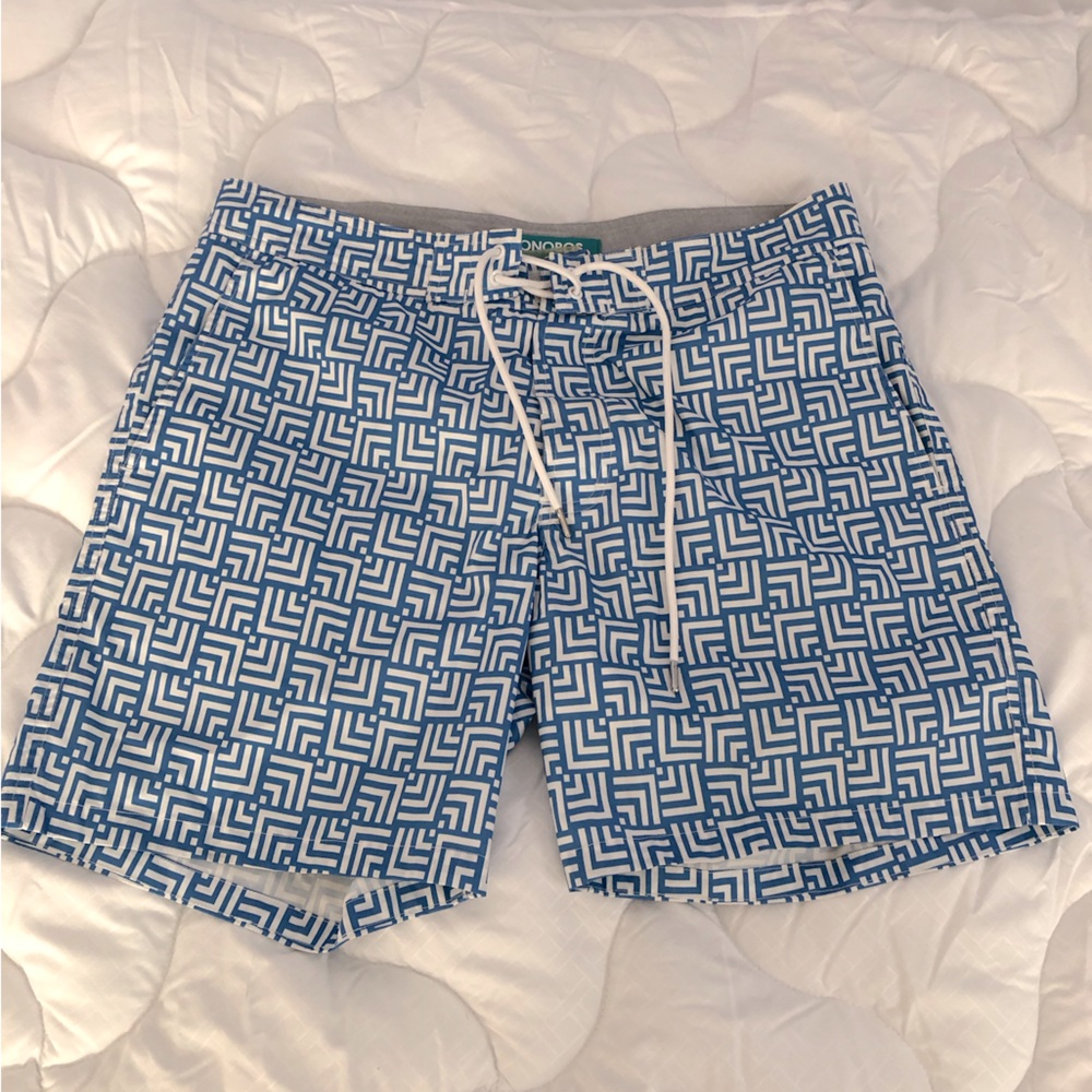 Bonobos Blue and White Geometric Swim Board Shorts